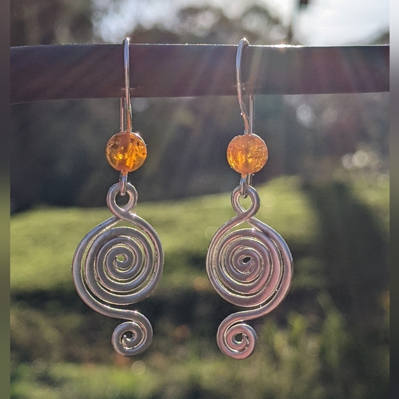 Sterling Silver Baltic Amber Earrings Tribal Spiral Metallic Statement - Picture 16 of 16